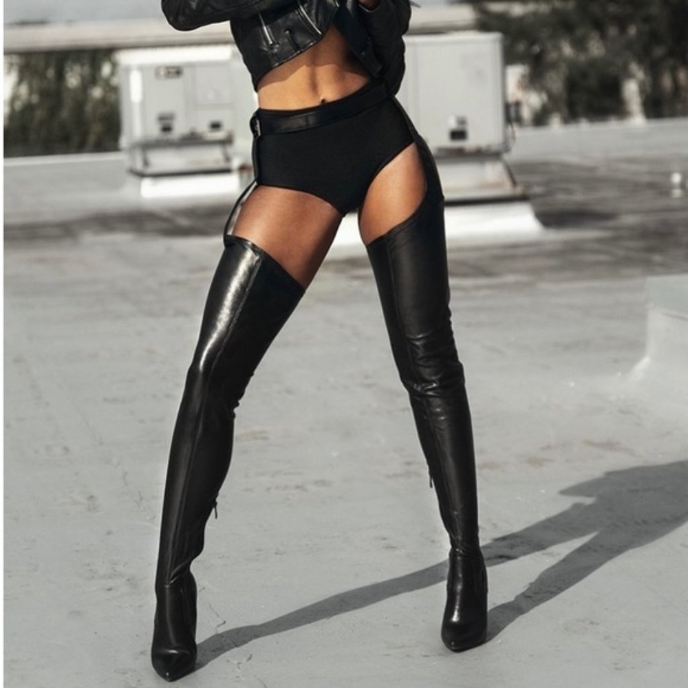 Azalea Wang I'm Movin On Belted Thigh High Stiletto Chap Boots